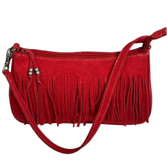 NINE WEST Red Fringed Leather Suede Small Size Handbag Measurements Below NEW - Picture 5 of 14